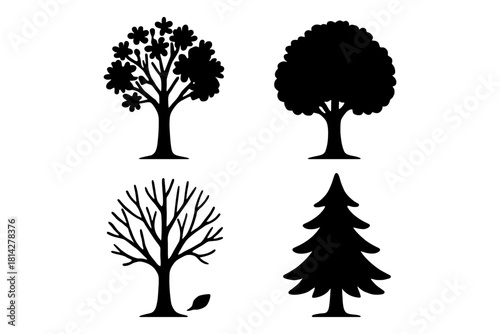 Diverse tree silhouettes: seasonal and evergreen variations.