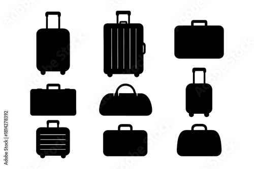 Variety of luggage silhouettes: suitcases, briefcases, and duffel bags on white background.