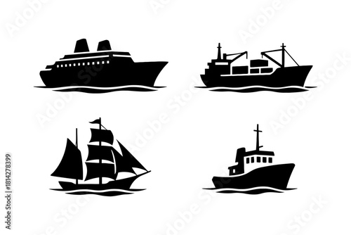 Silhouette illustrations of cruise, cargo, sailing, and fishing ships on waves.