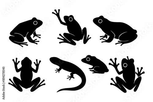 Silhouette collection of frogs and salamanders in various poses.