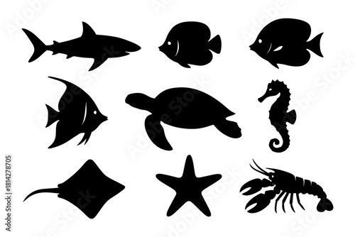 Silhouette collection of marine animals including shark, turtle, seahorse, and lobster.