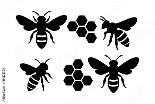 Silhouette of honey bees and honeycombs design.