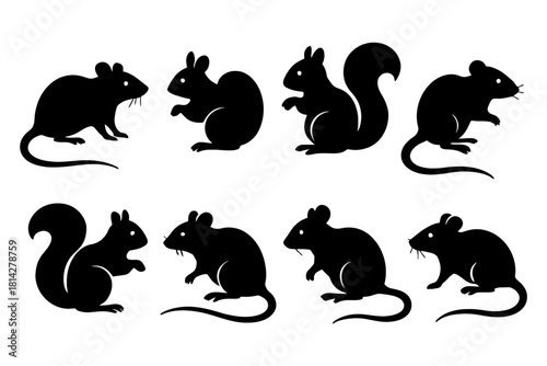 Black silhouette collection of rodents and squirrels on white background.