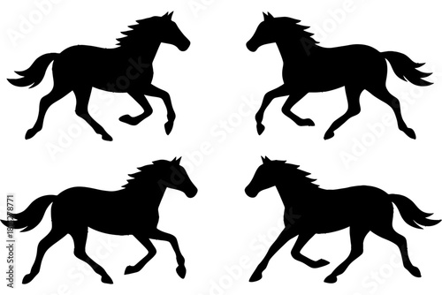 Silhouette of four galloping horses on white background.