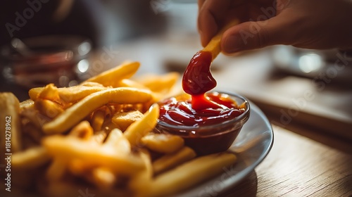 Person Hand Dipping French Fries Into Tomato Ketchup on White Plate in Warm Indoor Setting