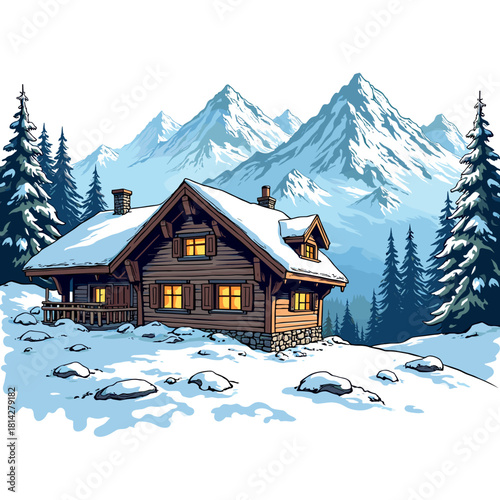 Snowy mountain chalet with illuminated windows and surrounding trees and peaks