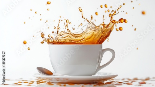 The dynamic splash of aromatic coffee from a cup creates an effect of energy and vigour — the perfect atmospheric backdrop for advertising morning drinks or coffee shops.