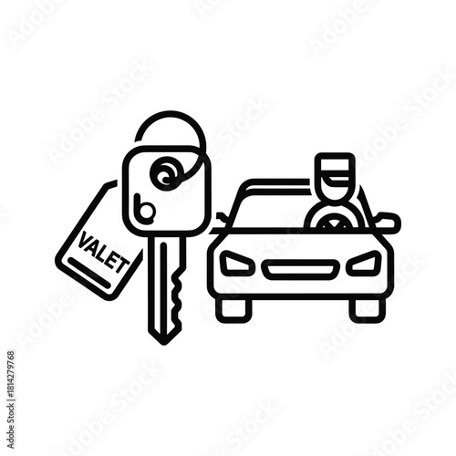 Valet parking service icon with car key, valet tag, and a driver in a car, line art illustration