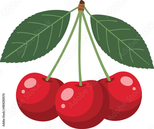 Illustration of three ripe red cherries with green leaves on a white background, conveying a fresh and healthy mood with vibrant colors.