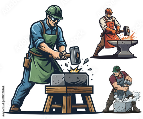 Skilled artisans forging metal and shaping stone with precision, a testament to craftsmanship and dedication in the heart of a bustling workshop