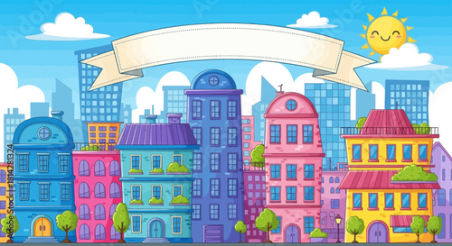 Vibrant cartoon city illustration with colorful buildings, banner and smiling sun