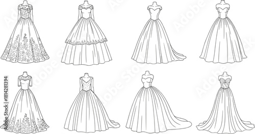 Vector illustrations of eight wedding dress designs on mannequins featuring varied necklines, sleeves, bodices, and skirt styles