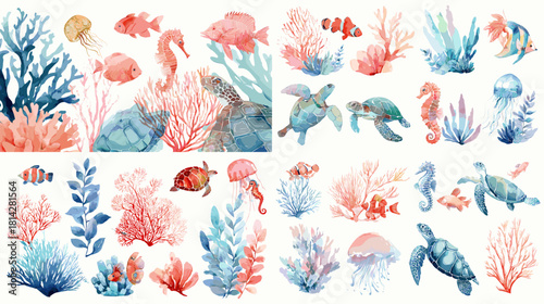 A beautiful watercolor set of marine animals, corals, and sea plants in soft blue and coral hues. Ideal for underwater illustrations, ocean decor, kids themes, and coastal artwork.
