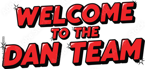 Welcome graphic design banner, comic style text, red black blue font, sparkle stars, bold message, creative team introduction
