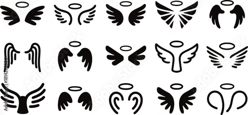 Set of angel wings and halos illustration graphic vector collection with different wings shape. Wings for decoration. Wing drawing, angel wing