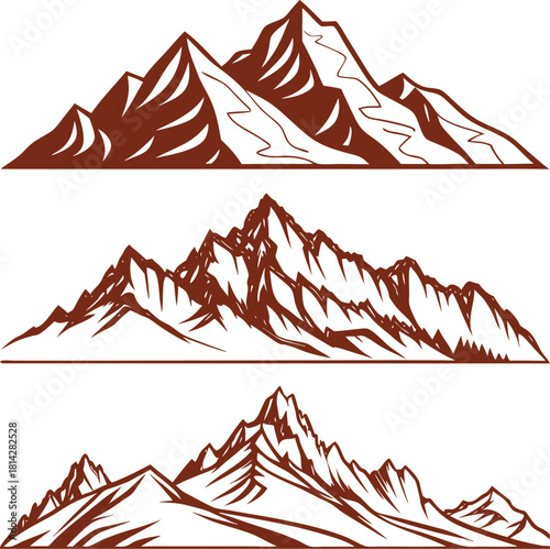Set of three brown mountain ranges with varying heights and shapes isolated on a white background perfect for logos and designs