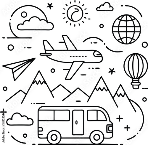 Hand drawn travel icons and elements representing global tourism adventure and exploration ideal for travel blogs websites and promotional materials in black and white