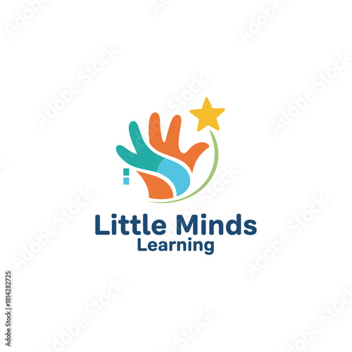 A colorful learning logo featuring playful hand shapes reaching toward a bright star, symbolizing growth, creativity, curiosity, and early childhood development.