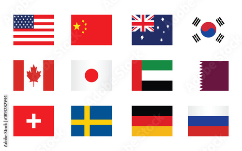 Set of 12 national flags of developed and economically established countries in a vector style.