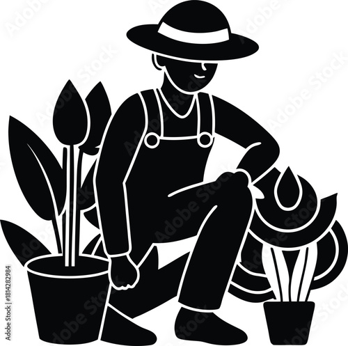 Monochrome illustration of a gardener kneeling among plants wearing overalls and a hat tending to his garden with care and expertise