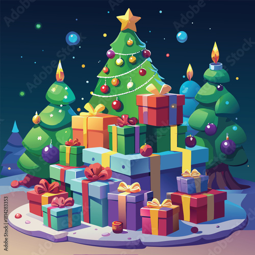 Huge Pile of Colorful Christmas Gifts Around Decorated Tree