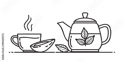 Teapot and cup with herbal tea line icon, japanese food concept. Vector graphics. Tea cup and pot, beverage sign on white background, style icon mobile or web design.