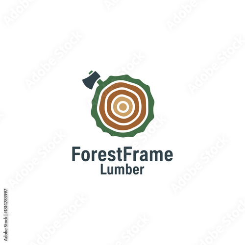A clean lumber logo featuring a tree log cross-section with an axe, symbolizing craftsmanship, timber work, and ForestFrame’s wood-focused identity.