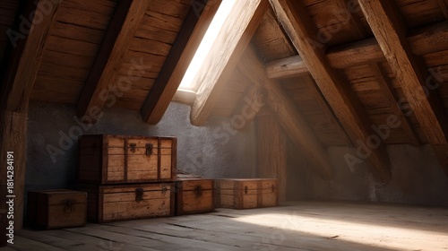 Sunlight streams into a rustic attic filled with vintage wooden chests and exposed beams