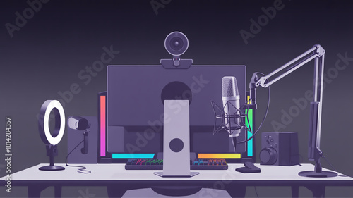 Modern streaming setup with microphone ring light and computer vector illustration for content creation podcasting and online broadcasting