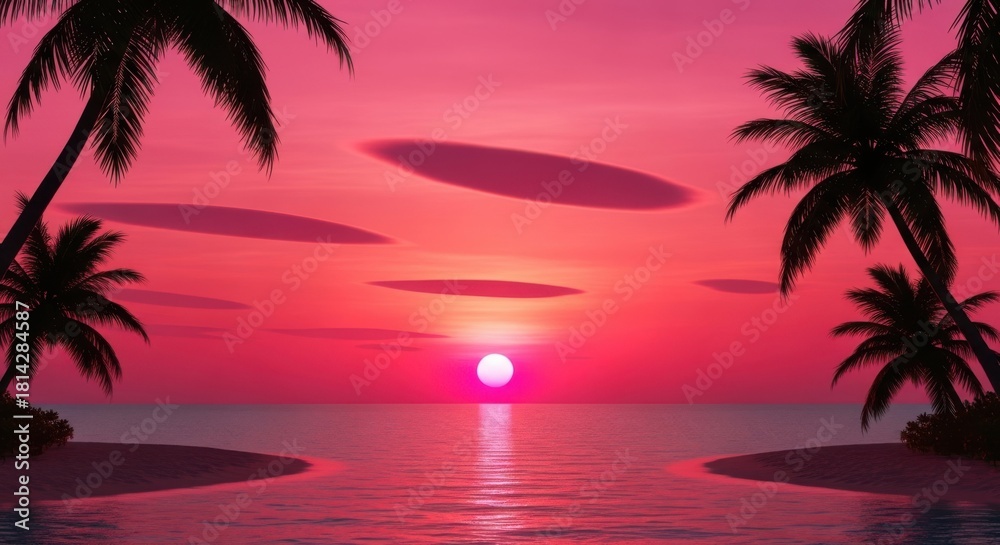 Fototapeta premium SUPER PINK TROPICAL SUNSET ON A ISLAND