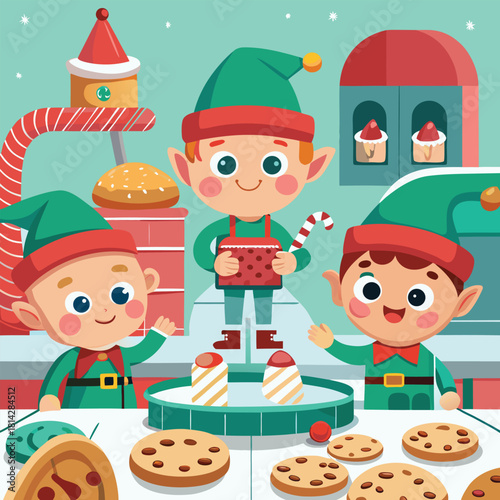 Cute Christmas Elves Making Candy and Cookies in Workshop