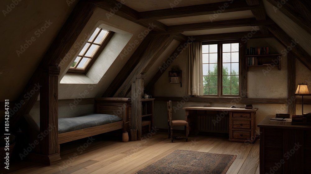 Obraz premium Rustic attic room with wooden beams a cozy bed and a desk near a window at twilight