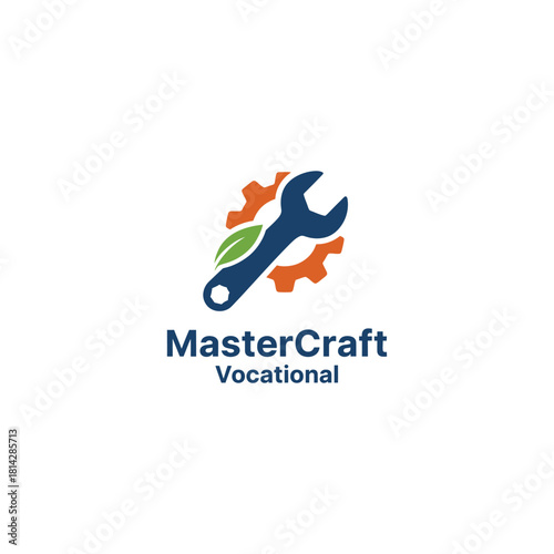 A clean vocational logo featuring a blue wrench, orange gear, and green leaf, symbolizing skilled craftsmanship, technical training, and sustainable industry values.