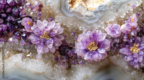 Purple Flower Quartz Crystal Cluster with Amethyst and Agate Geode