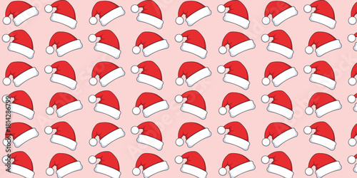 Clean, minimalist seamless pattern of festive red and white Santa Claus hats repeated across a bright white background. Excellent for Christmas product packaging, greeting cards, website headers, and 