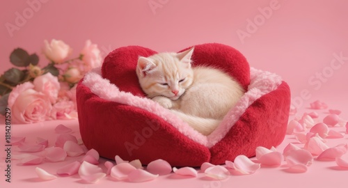 Cute Light Orange Cat Sleeping in Red Heart-shaped Bed Surrounded by Pink Roses and Petal Decorations