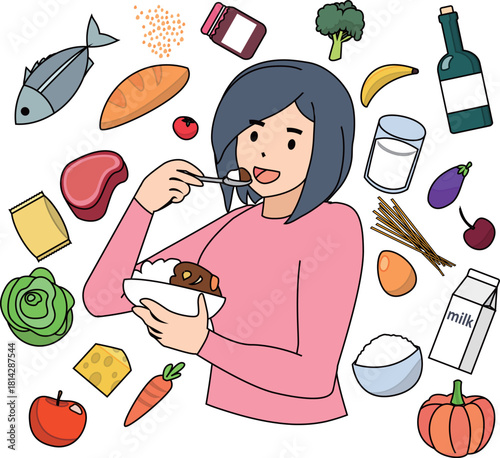 カレーを食べる女性と食材の健康イメージ