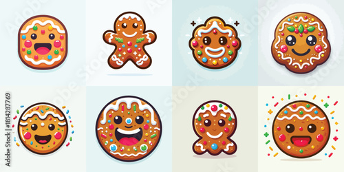 Christmas Smiling Gingerbread Logo. Vektor, design, minimalist, illustrations, set icon