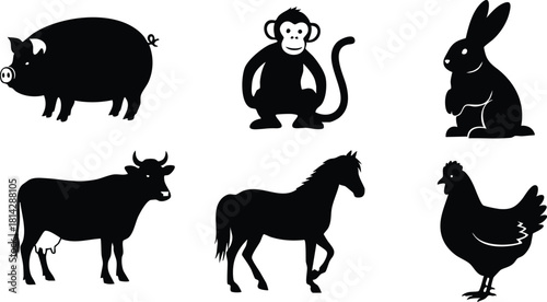 Farm animal silhouettes vector set with pig cow horse monkey rabbit and chicken in black flat style