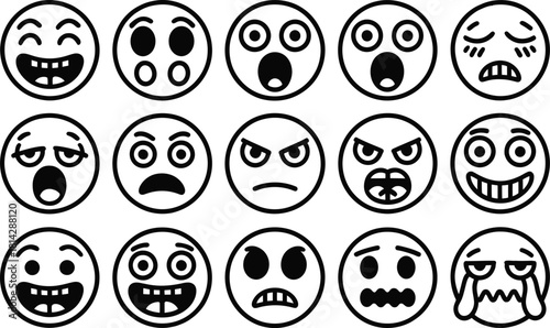 Set of black and white emoji faces expressing various emotions and feelings