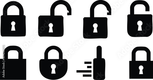 Security padlock icons set with locked and unlocked variations including moving lock symbol vector illustration
