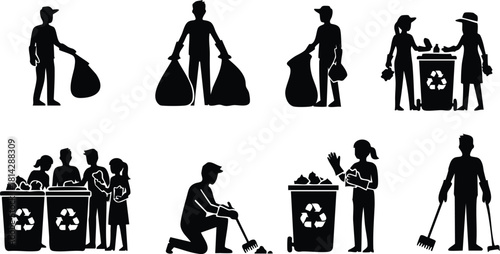Silhouettes of people recycling and cleaning with bags and bins vector illustration for environmental awareness and waste management