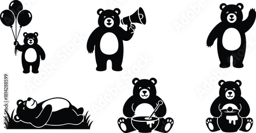 Bear cartoon silhouettes with balloons megaphone waving lying playing eating honey vector illustration