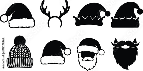 Santa Claus hats and Christmas winter accessories vector collection with beanie reindeer antlers and festive beard designs