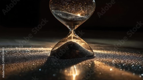 hourglass close up with shining sand inside. The concept of modern life, business, time, management and city life.