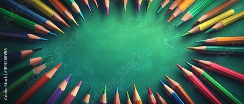 Vivid Top View Pencils on Green Background