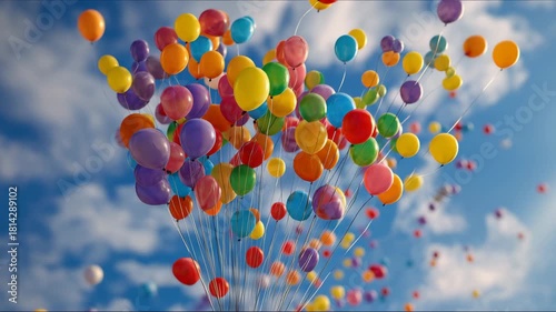 A large collection of colorful balloons floating against a clear blue sky, symbolizing celebration, joy, and a sense of freedom in a picturesque, uplifting scene. Colorful Balloons Float Against Brigh