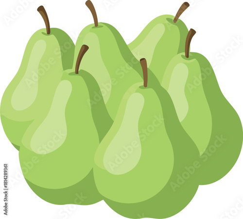 A digital illustration of a bunch of green pears with brown stems on a white background, conveying a clean and simple visual style.