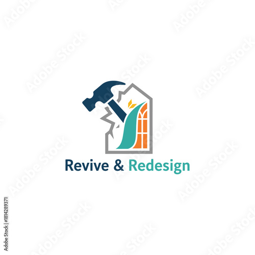 A creative renovation logo featuring a hammer striking a house outline with modern shapes and colors, symbolizing renewal, transformation, and expert home redesign services.