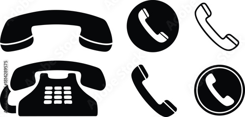 Classic telephone handset and vintage rotary phone icons in black silhouette vector set